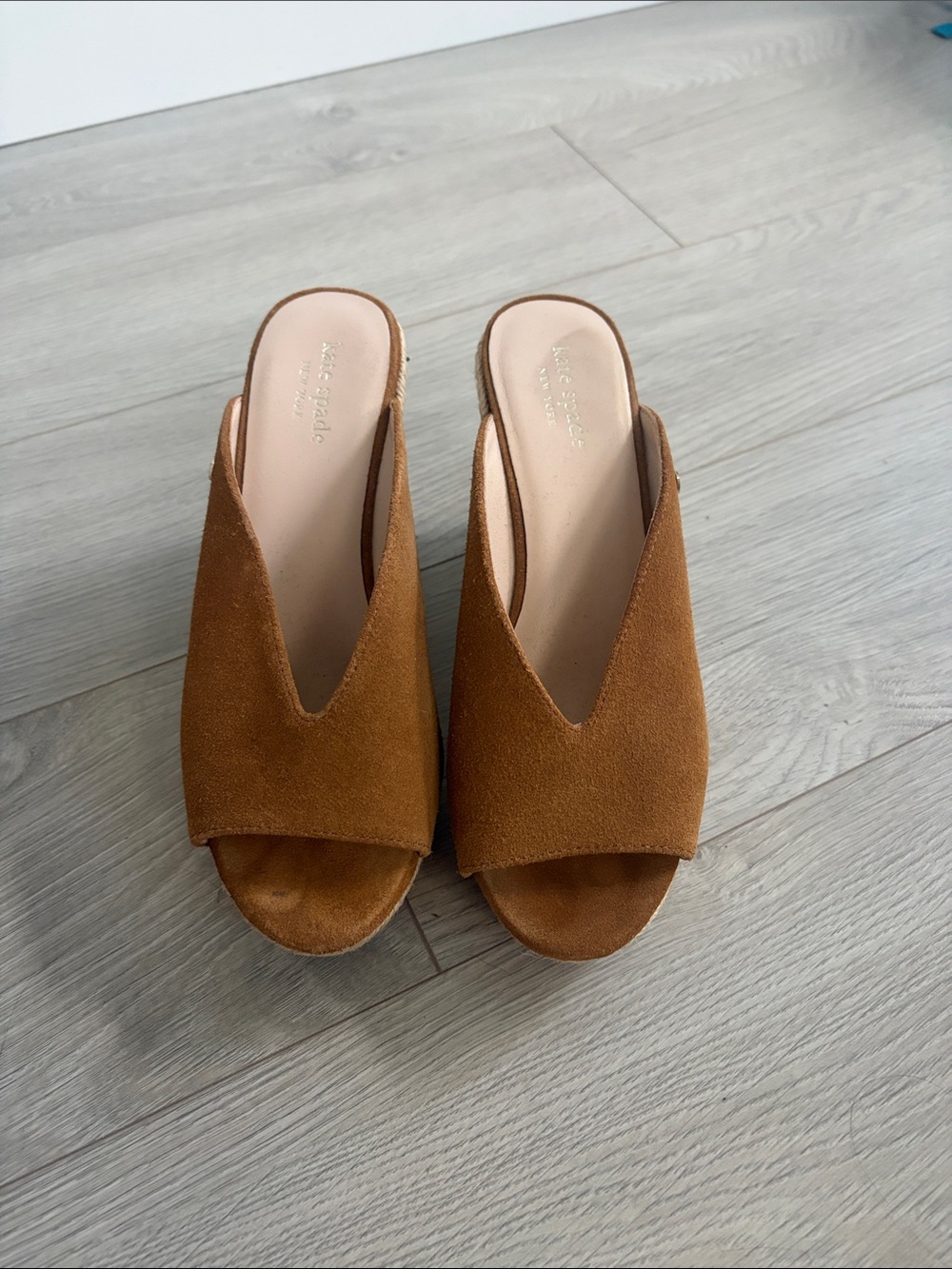 kate spade Suede Open‑Toe V‑Cut Mules in Cognac Brown
